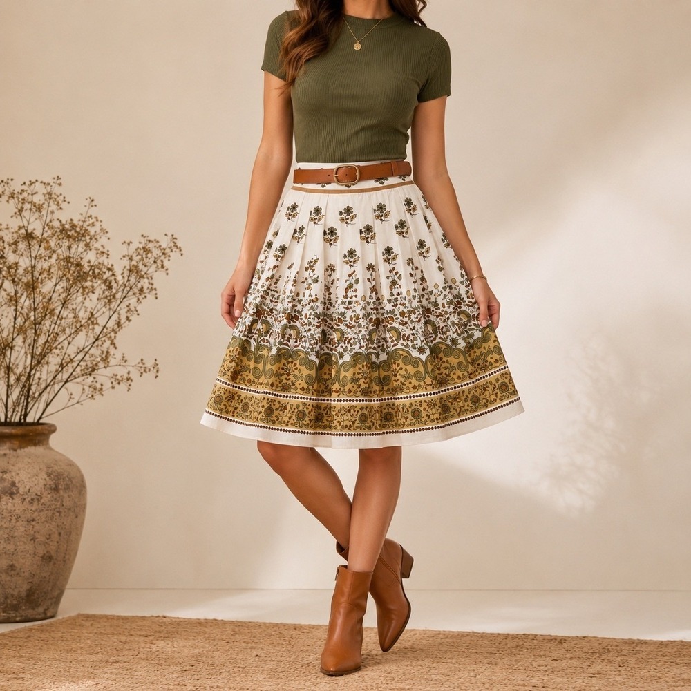Connection 18 Pleated Floral Border Print Skirt M Knee Length Cottagecore Lined